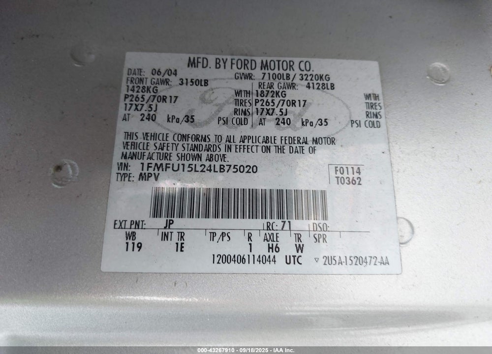 2004 FORD EXPEDITION XLT VIN: 1FMFU15L24LB75020