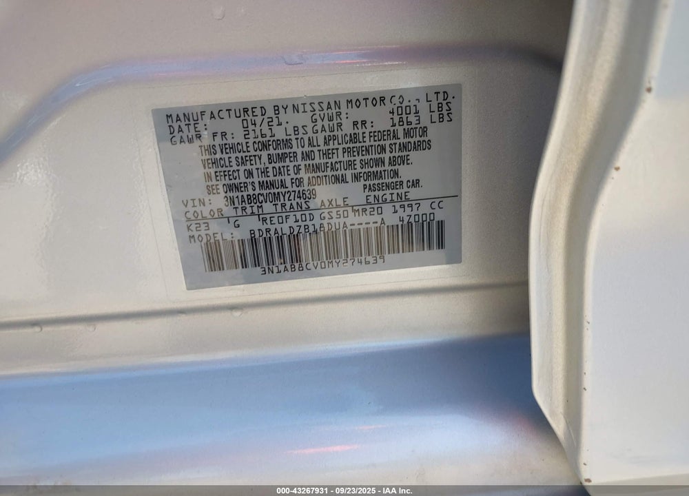 2021 NISSAN SENTRA SV XTRONIC CVT VIN: 3N1AB8CV0MY274639