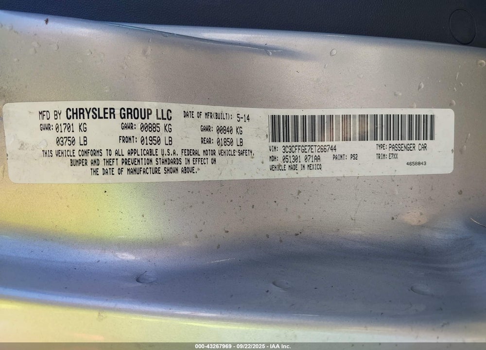2014 FIAT 500E BATTERY ELECTRIC VIN: 3C3CFFGE7ET266744