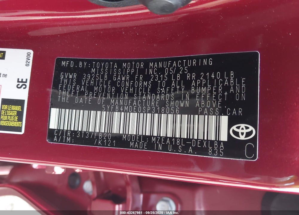 2025 TOYOTA COROLLA VIN: 5YFB4MDE0SP318056