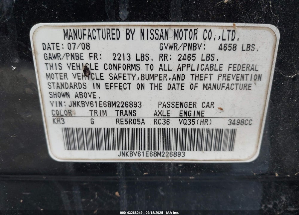 2008 INFINITI G35 JOURNEY VIN: JNKBV61E68M226893