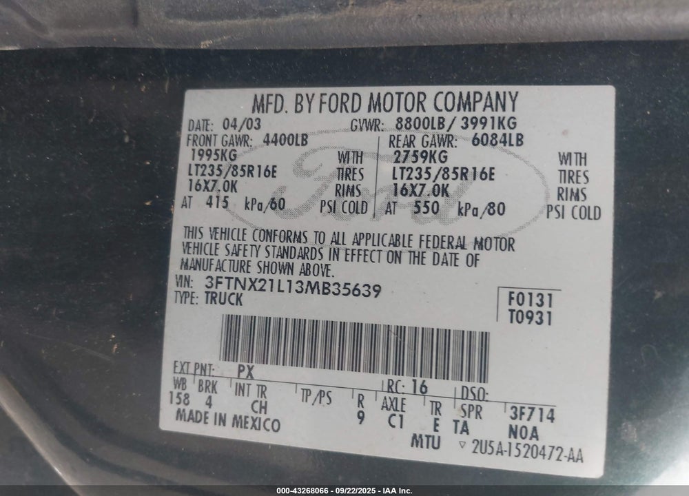 2003 FORD F-250 LARIAT/XL/XLT VIN: 3FTNX21L13MB35639