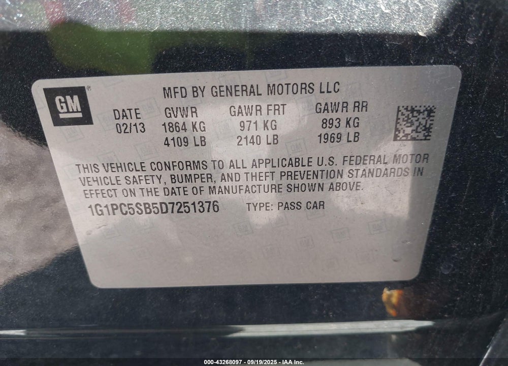 2013 CHEVROLET CRUZE 1LT AUTO VIN: 1G1PC5SB5D7251376