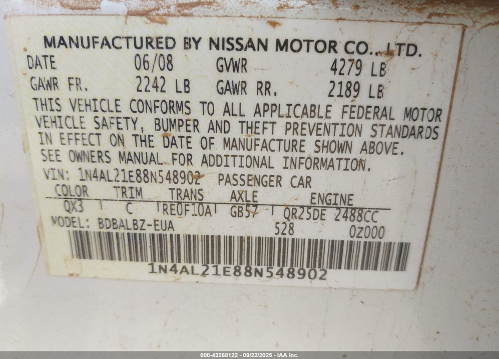 2008 NISSAN ALTIMA VIN: 1N4AL21E88N548902
