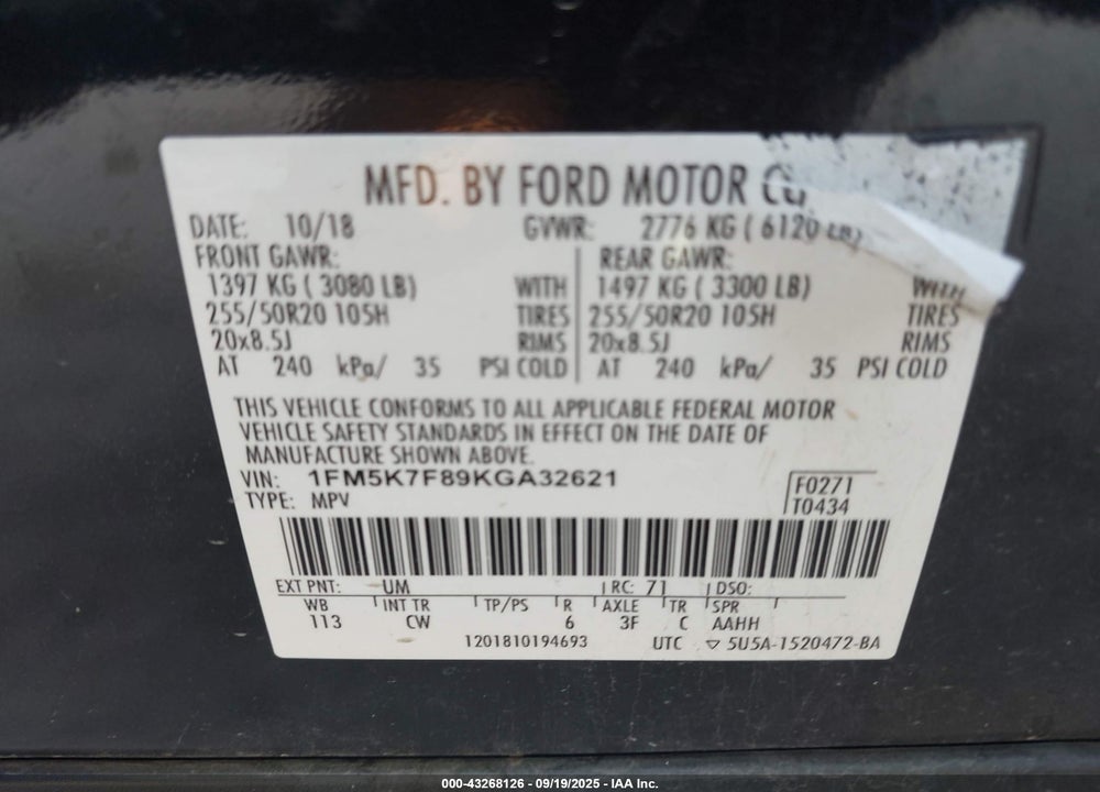 2019 FORD EXPLORER VIN: 1FM5K7F89KGA32621