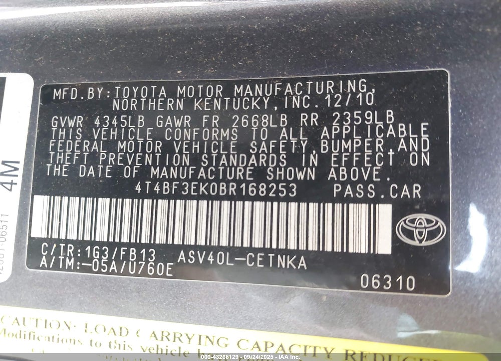 2011 TOYOTA CAMRY LE VIN: 4T4BF3EK0BR168253
