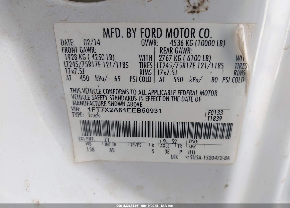 2014 FORD F-250 VIN: 1FT7X2A61EEB50931