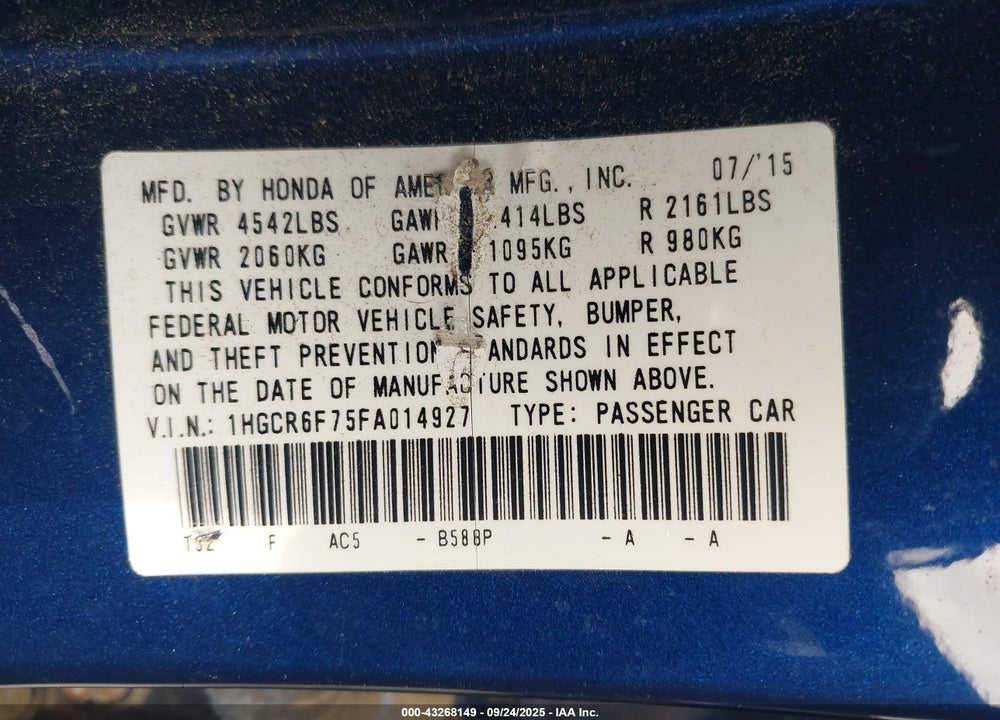 2015 HONDA ACCORD VIN: 1HGCR6F75FA014927