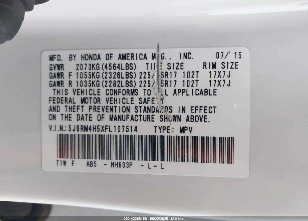 2015 HONDA CR-V EX VIN: 5J6RM4H5XFL107514