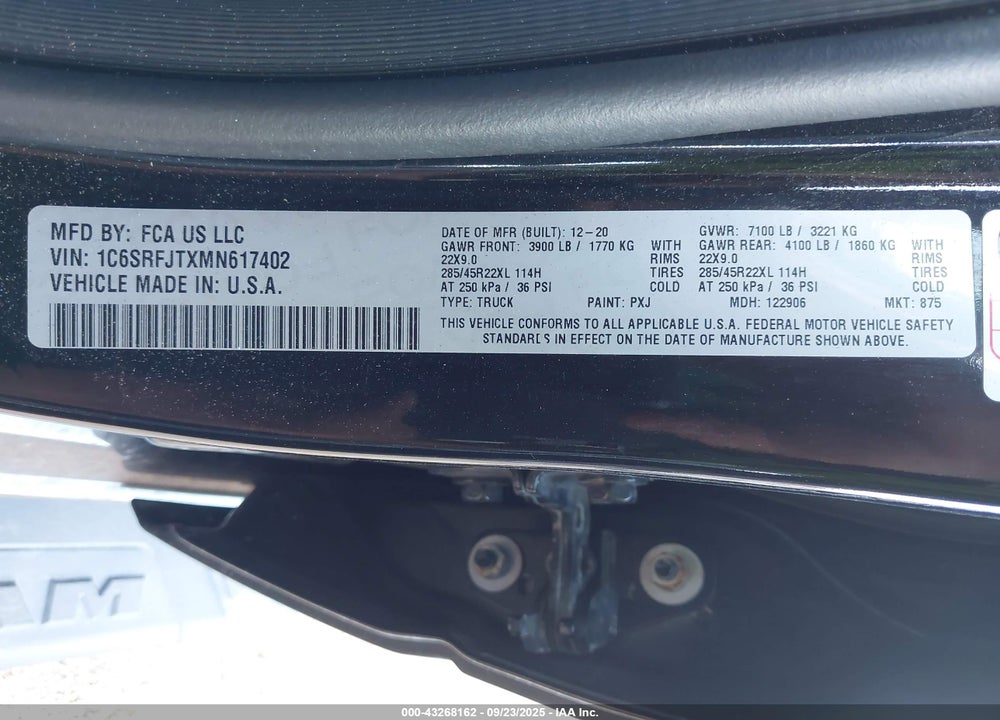 2021 RAM 1500 VIN: 1C6SRFJTXMN617402