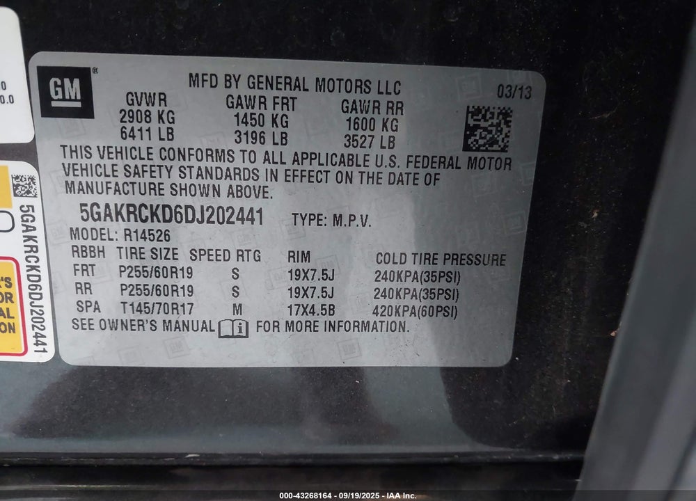 2013 BUICK ENCLAVE VIN: 5GAKRCKD6DJ202441