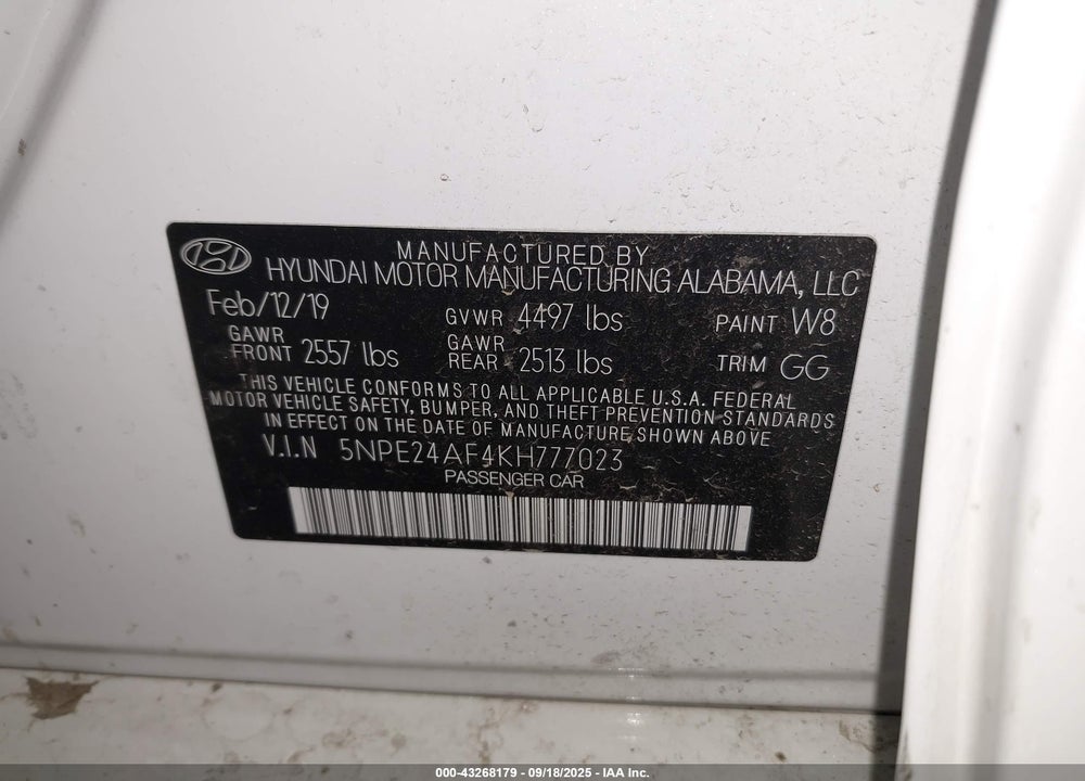 2019 HYUNDAI SONATA VIN: 5NPE24AF4KH777023