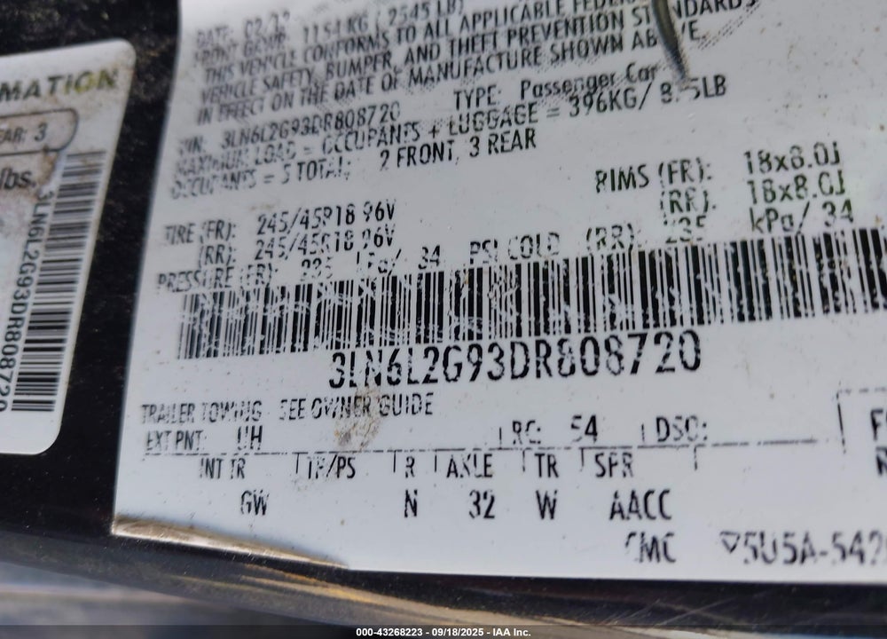 2013 LINCOLN MKZ VIN: 3LN6L2G93DR808720