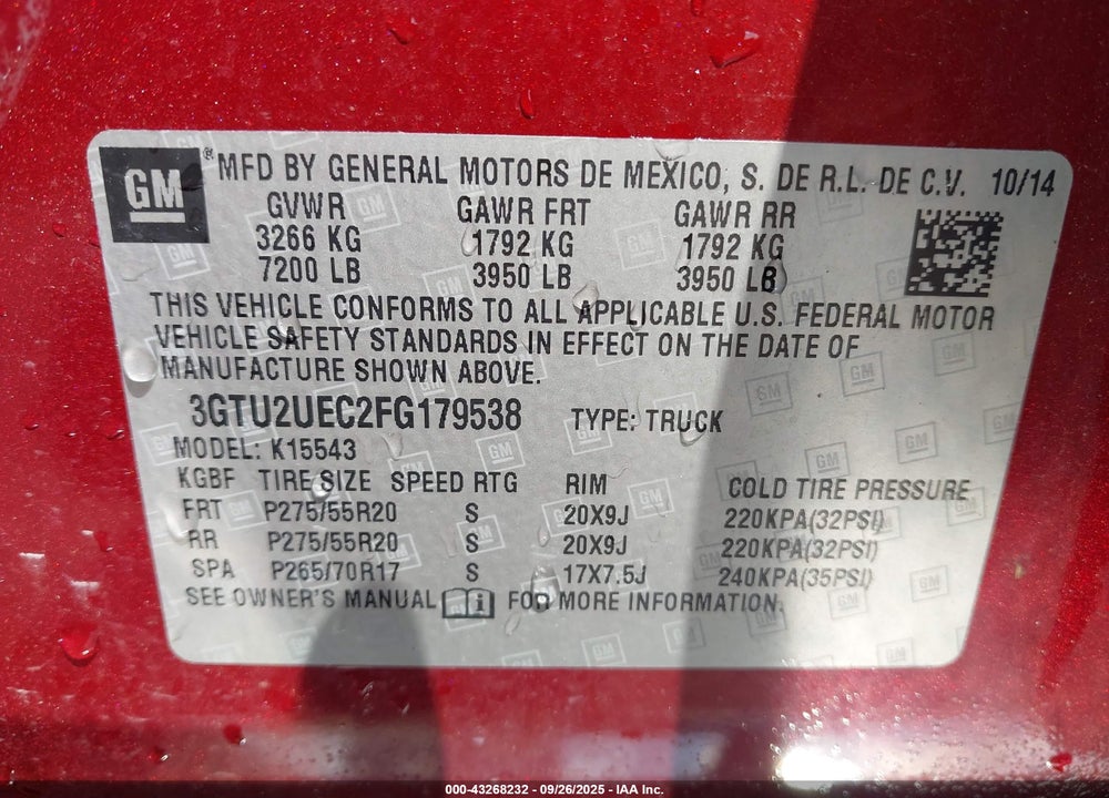 2015 GMC SIERRA 1500 SLE VIN: 3GTU2UEC2FG179538