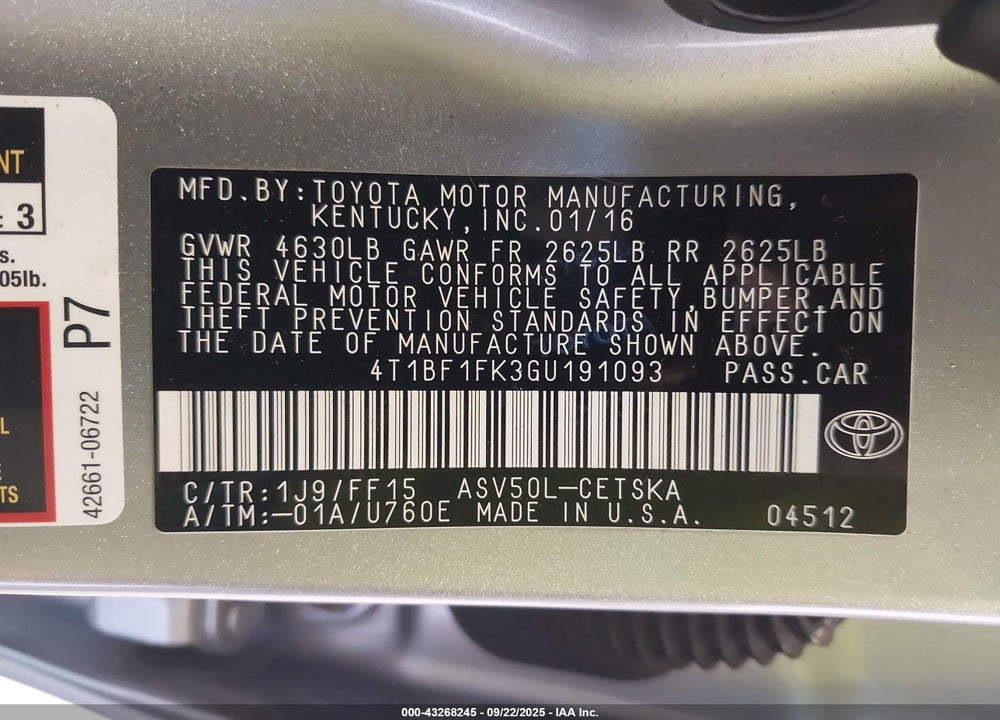 2016 TOYOTA CAMRY SE VIN: 4T1BF1FK3GU191093