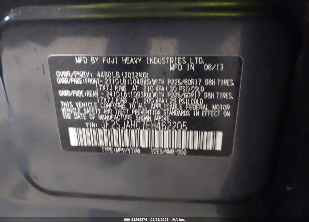 2014 SUBARU FORESTER VIN: JF2SJAHC7EH462205