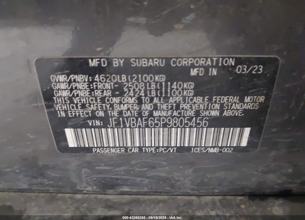 2023 SUBARU WRX VIN: JF1VBAF65P9805456