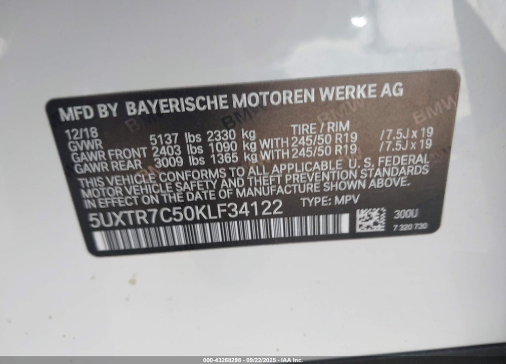 2019 BMW X3 VIN: 5UXTR7C50KLF34122