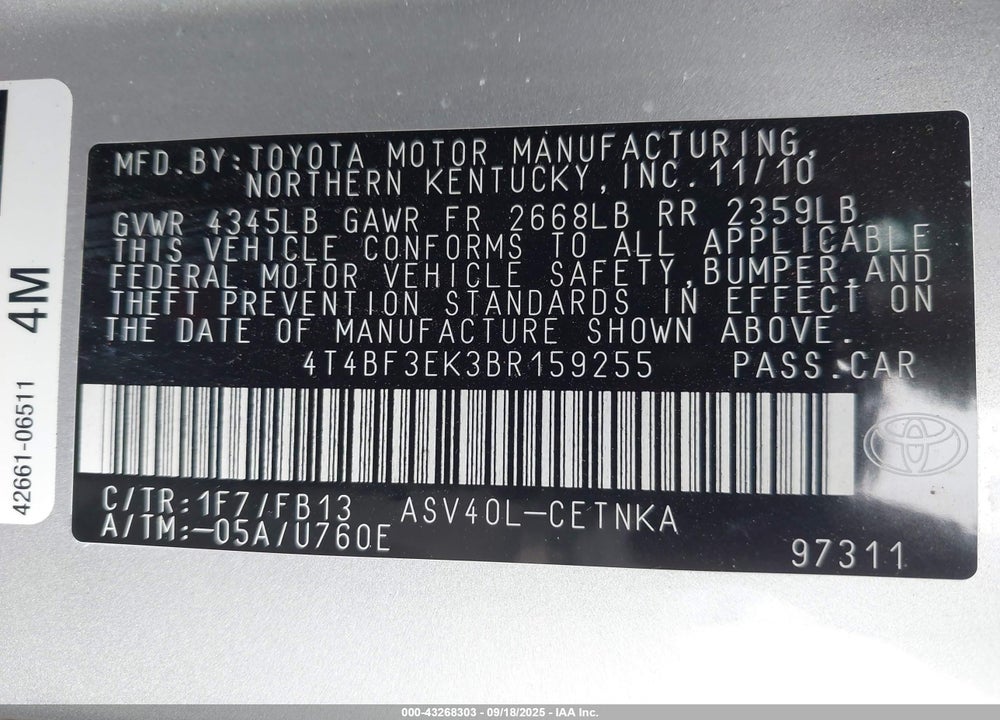 2011 TOYOTA CAMRY VIN: 4T4BF3EK3BR159255