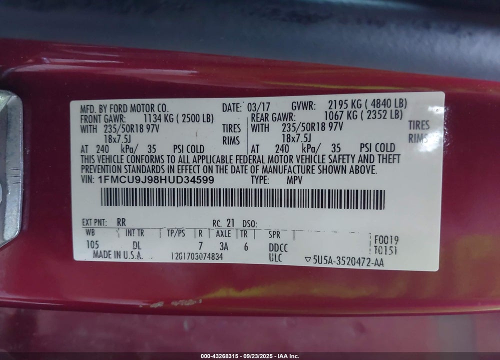 2017 FORD ESCAPE VIN: 1FMCU9J98HUD34599
