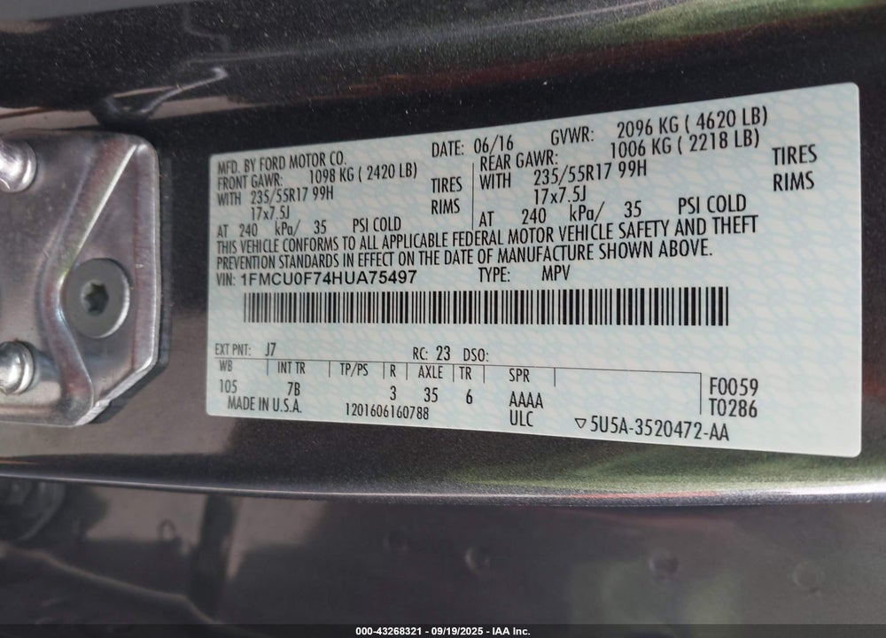 2017 FORD ESCAPE S VIN: 1FMCU0F74HUA75497