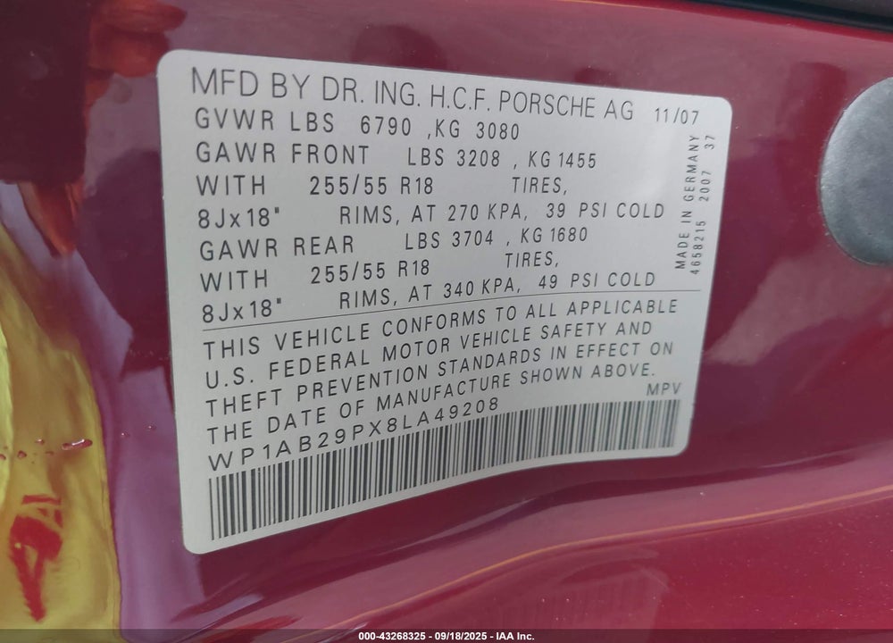 2008 PORSCHE CAYENNE S VIN: WP1AB29PX8LA49208
