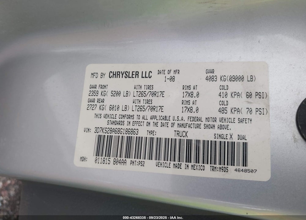 2008 DODGE RAM 2500 VIN: 3D7KS28A68G186863