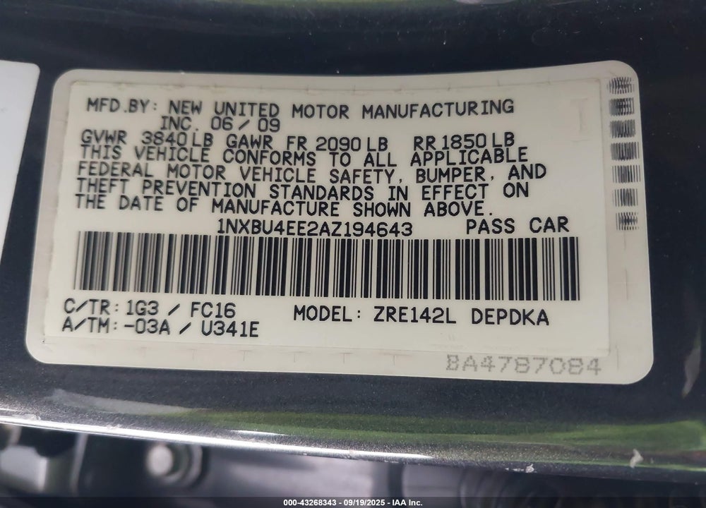 2010 TOYOTA COROLLA VIN: 1NXBU4EE2AZ194643