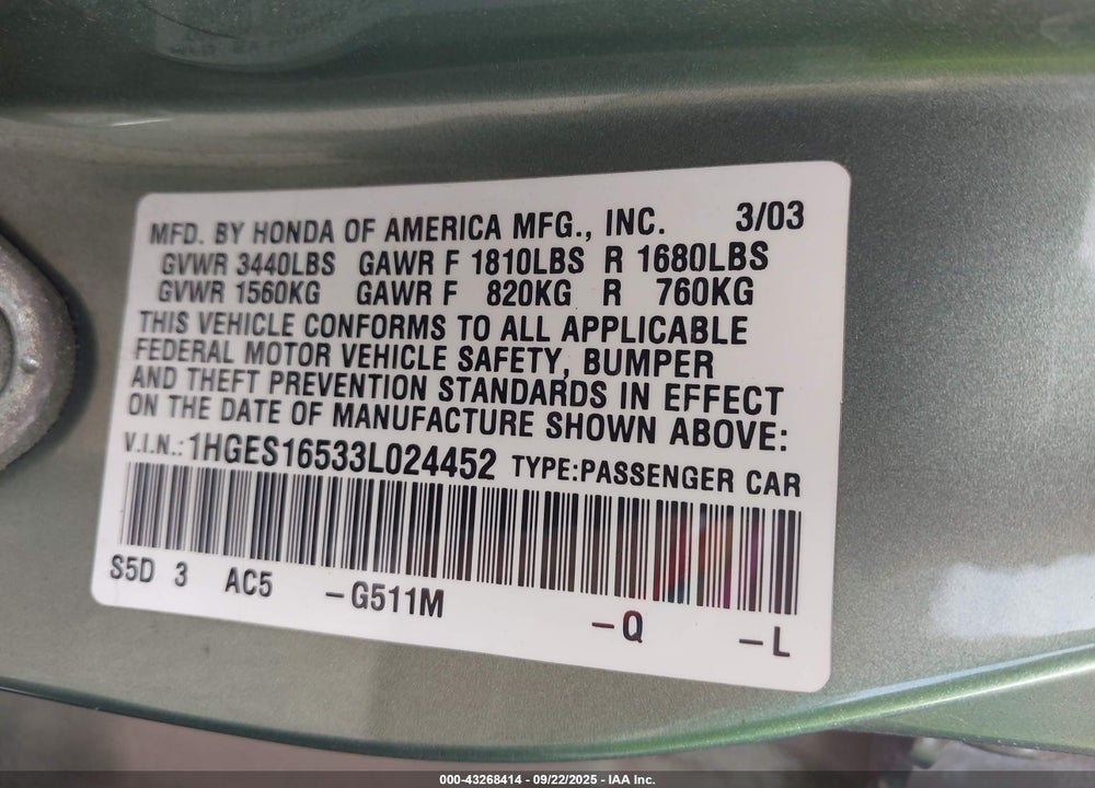 2003 HONDA CIVIC LX VIN: 1HGES16533L024452