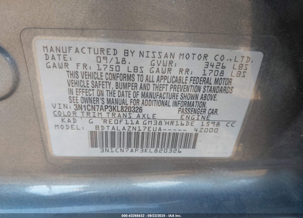 2019 NISSAN VERSA VIN: 3N1CN7AP3KL820326