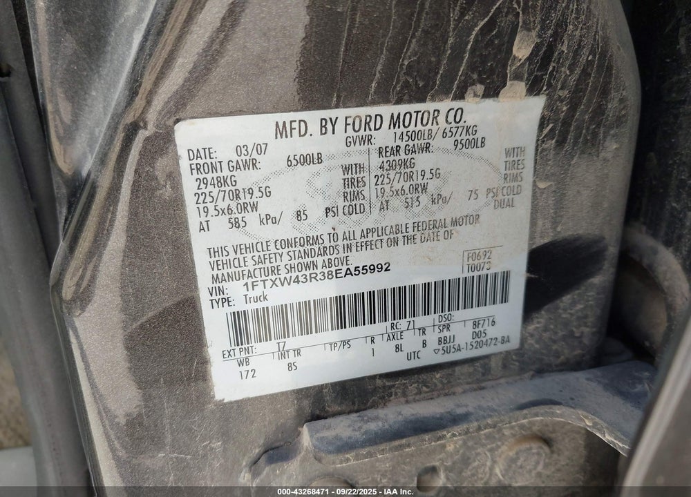 2008 FORD F-450 LARIAT VIN: 1FTXW43R38EA55992