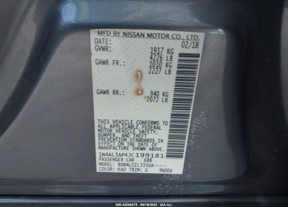 2018 NISSAN ALTIMA VIN: 1N4AL3AP4JC199181