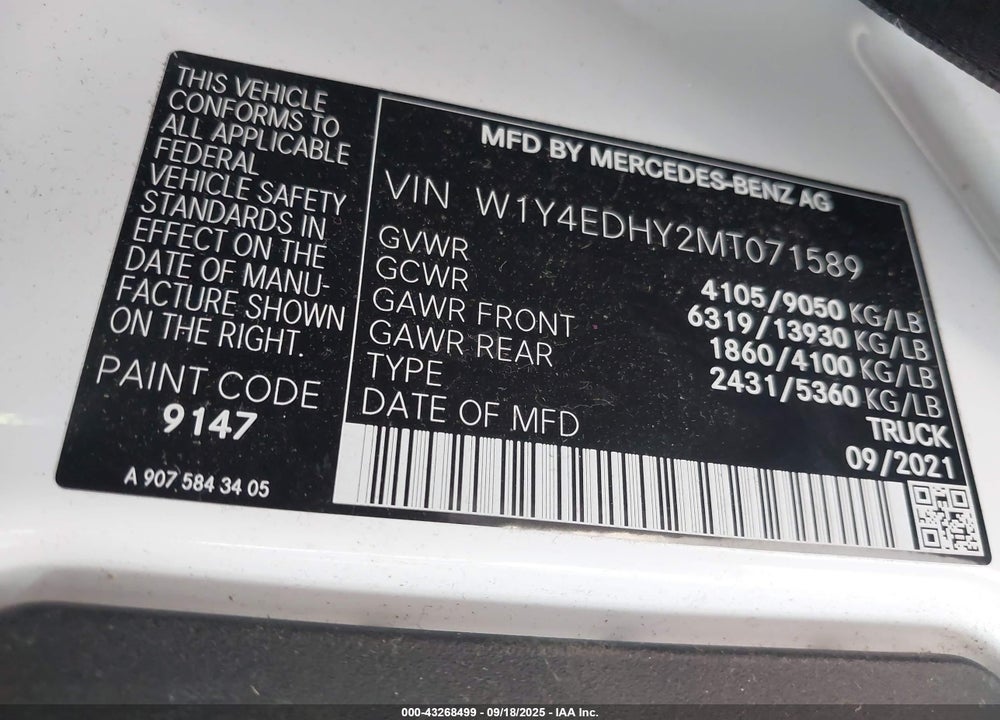 2021 MERCEDES-BENZ SPRINTER 2500 HIGH ROOF V6 VIN: W1Y4EDHY2MT071589