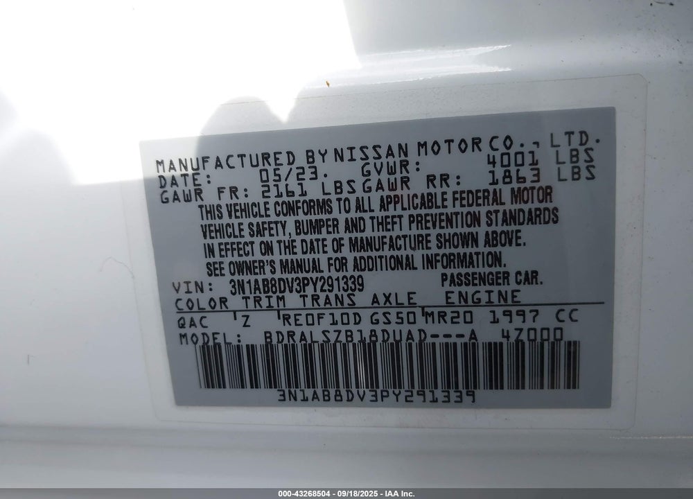 2023 NISSAN SENTRA VIN: 3N1AB8DV3PY291339