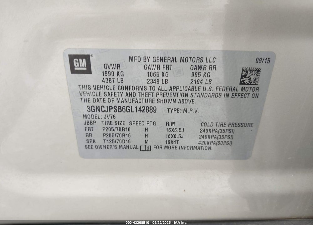 2016 CHEVROLET TRAX VIN: 3GNCJPSB6GL142889