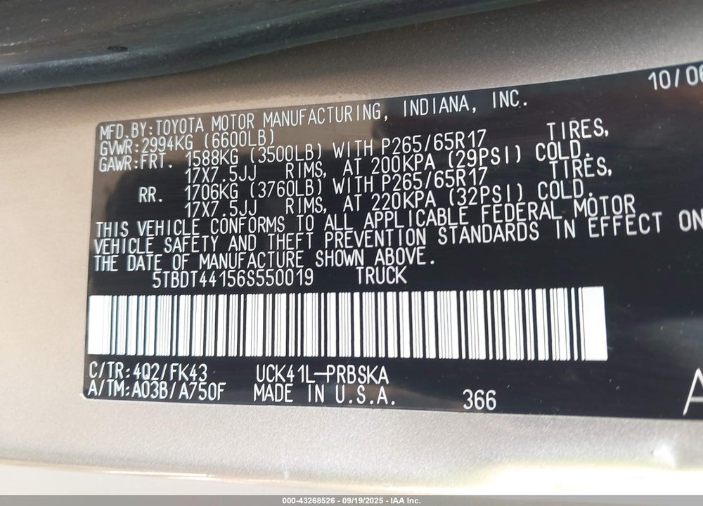 2006 TOYOTA TUNDRA VIN: 5TBDT44156S550019