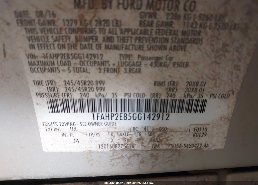 2016 FORD TAURUS SEL VIN: 1FAHP2E85GG142912
