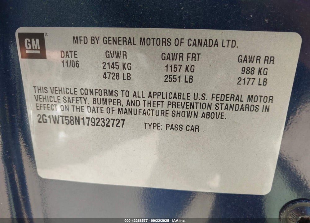 2007 CHEVROLET IMPALA VIN: 2G1WT58N179232727