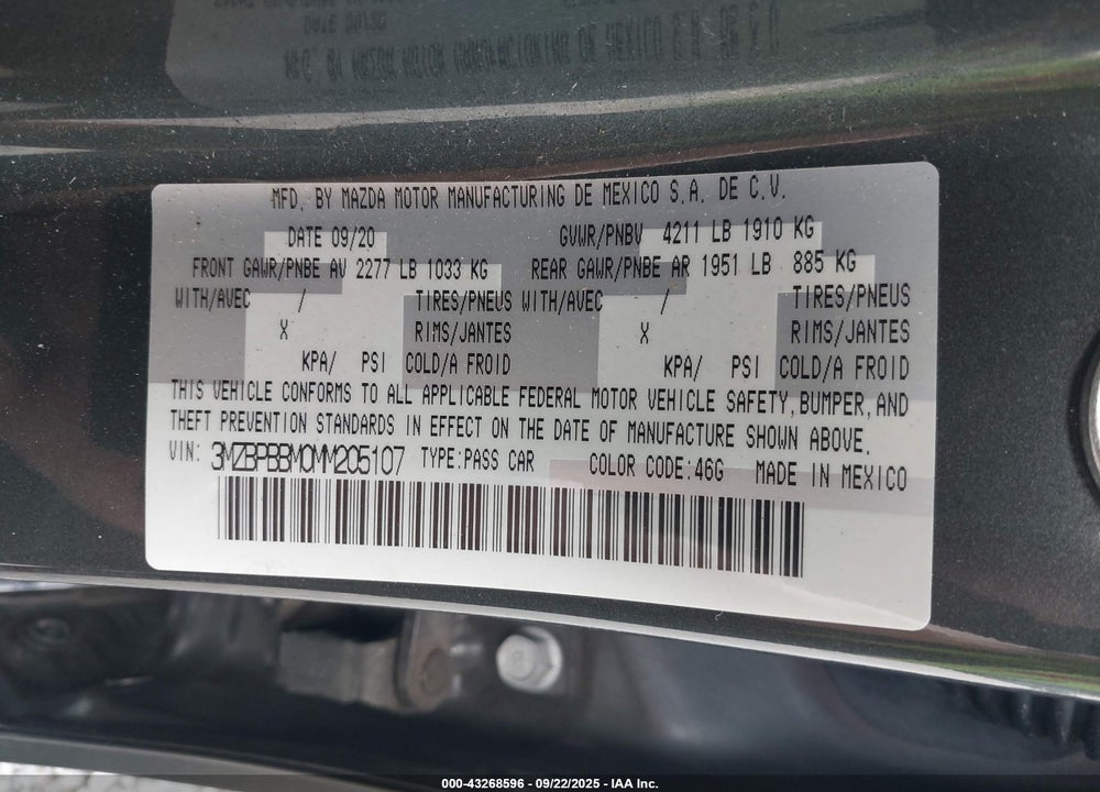 2021 MAZDA 3 SELECT VIN: 3MZBPBBM0MM205107