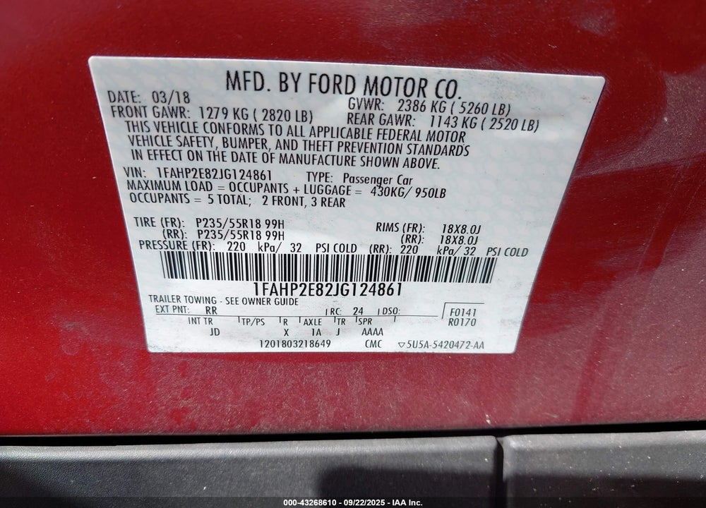 2018 FORD TAURUS VIN: 1FAHP2E82JG124861