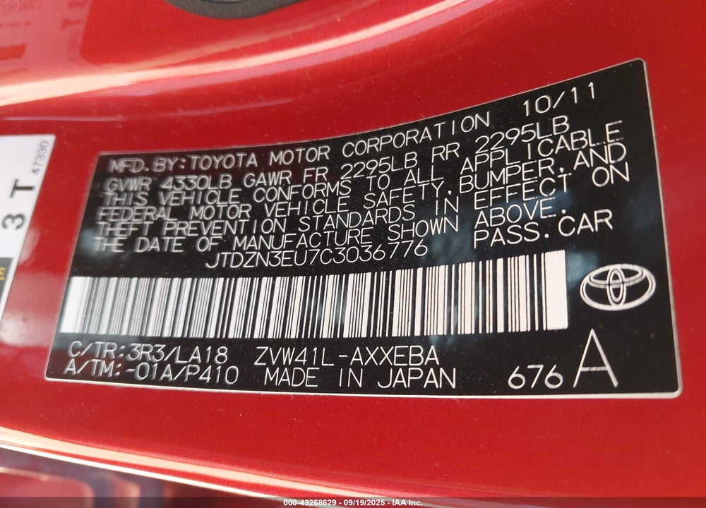 2012 TOYOTA PRIUS V VIN: JTDZN3EU7C3036776