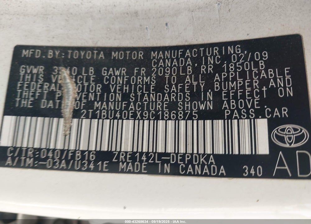 2009 TOYOTA COROLLA LE VIN: 2T1BU40EX9C186875