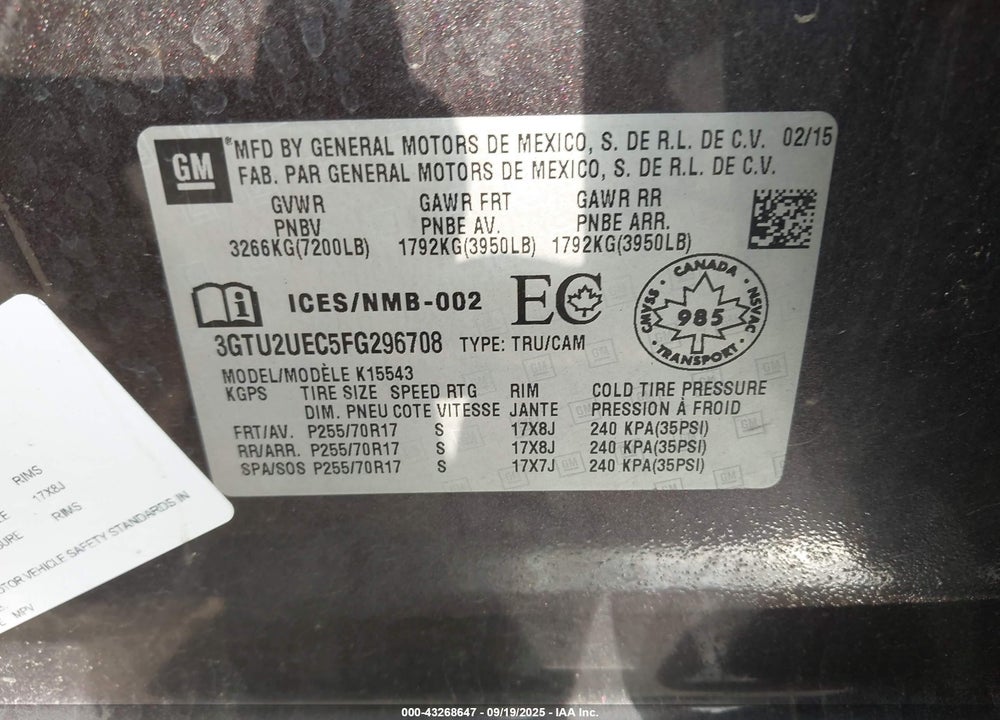 2015 GMC SIERRA 1500 SLE VIN: 3GTU2UEC5FG296708