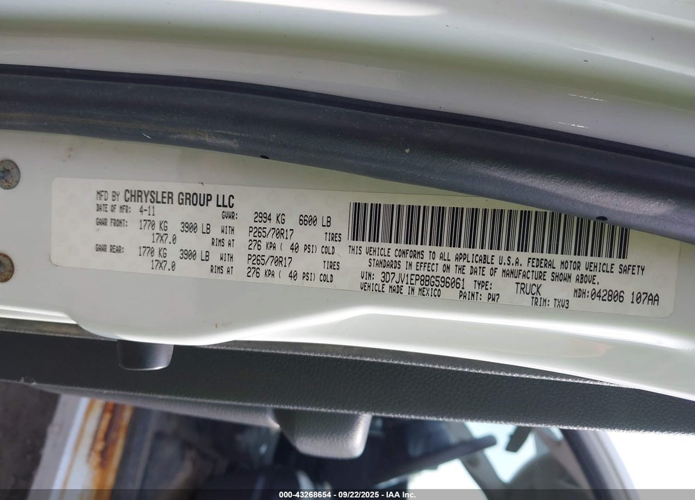 2011 RAM 1500 ST VIN: 3D7JV1EP8BG596061