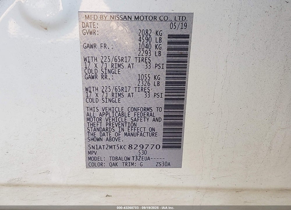 2019 NISSAN ROGUE VIN: 5N1AT2MT5KC829770