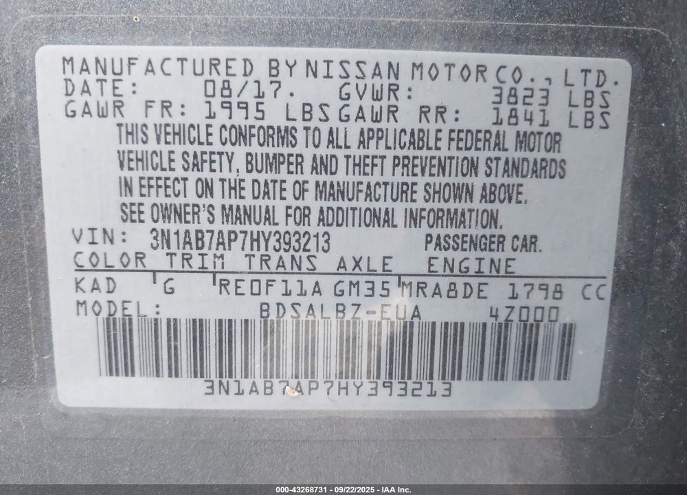 2017 NISSAN SENTRA S VIN: 3N1AB7AP7HY393213
