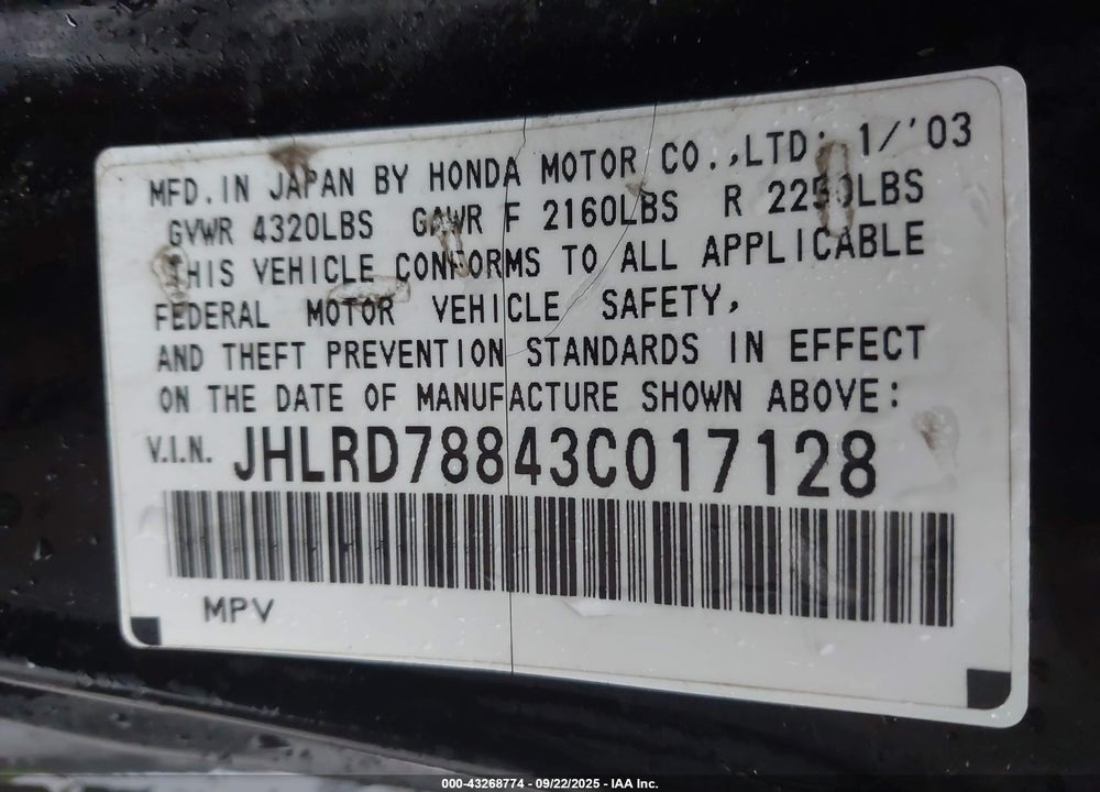 2003 HONDA CR-V EX VIN: JHLRD78843C017128