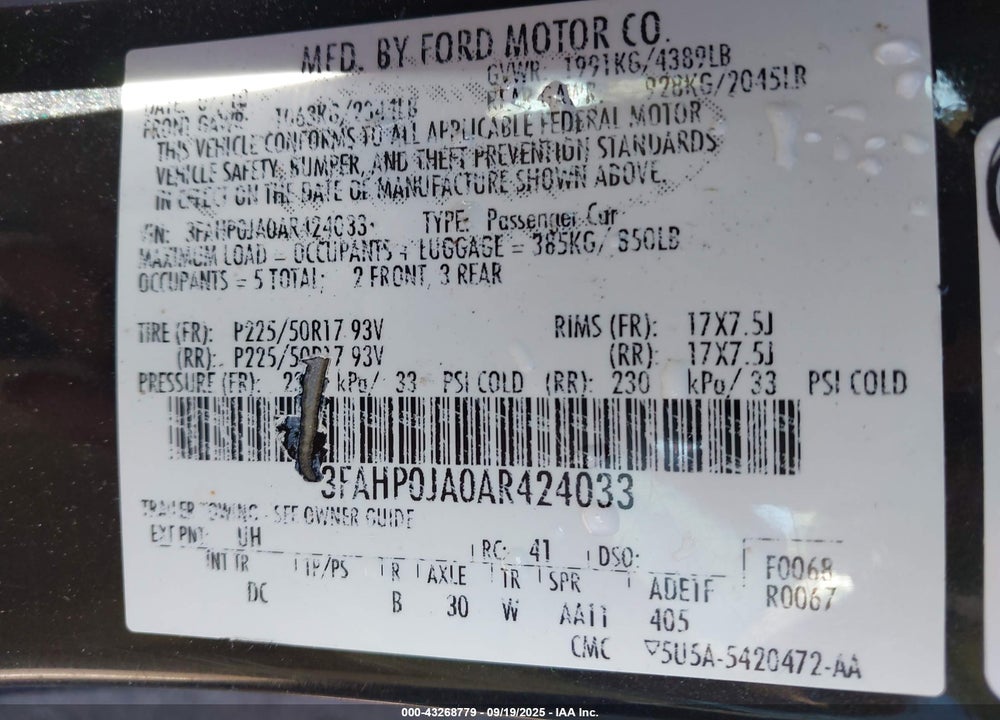2010 FORD FUSION SEL VIN: 3FAHP0JA0AR424033