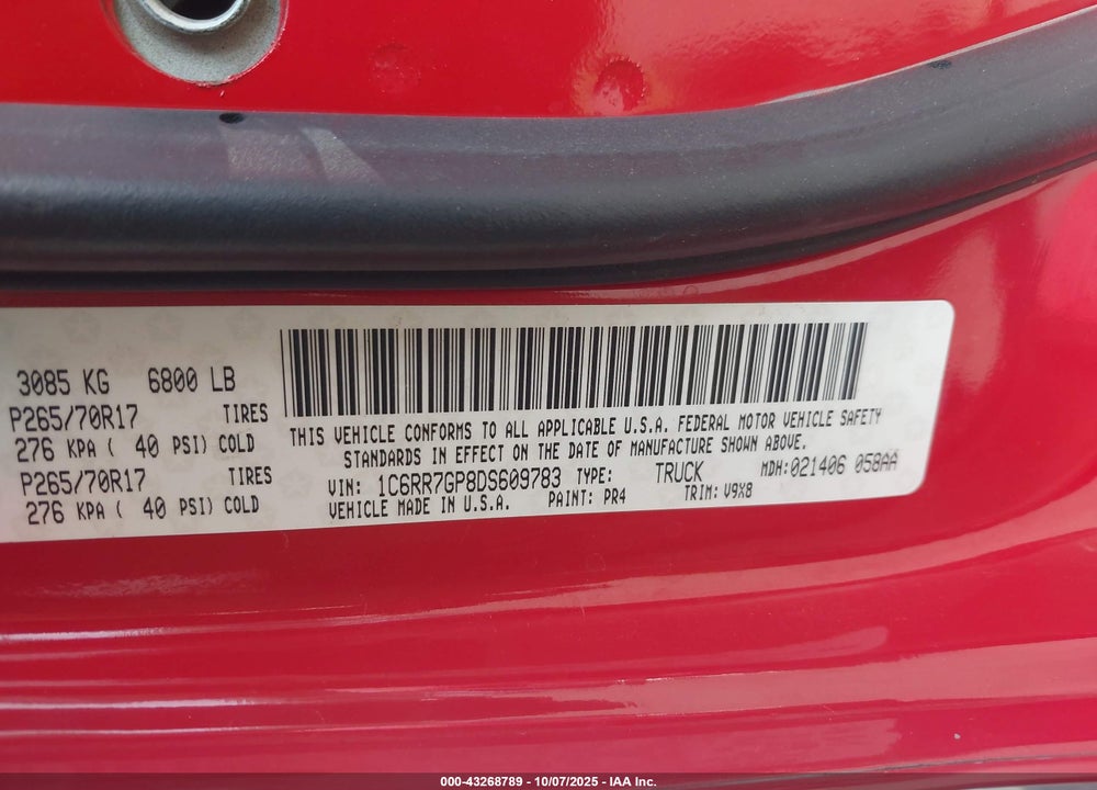 2013 RAM 1500 VIN: 1C6RR7GP8DS609783