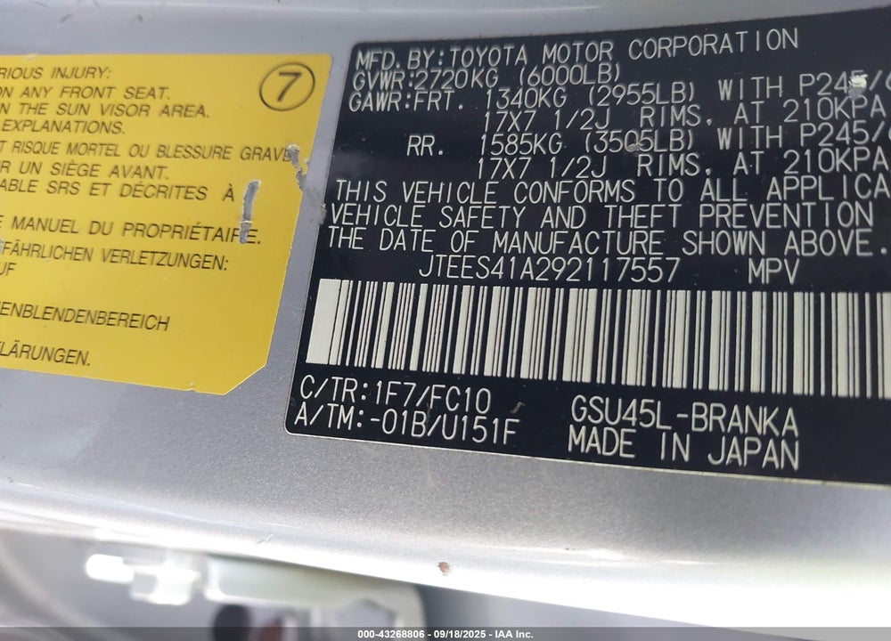 2009 TOYOTA HIGHLANDER VIN: JTEES41A292117557